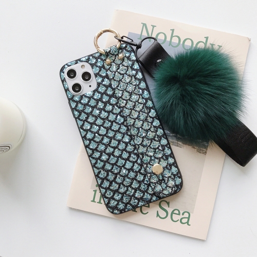 

For iPhone 11 Pro Max Hairball Gem Pattern Glitter Powder TPU Case with Wristband(Green)