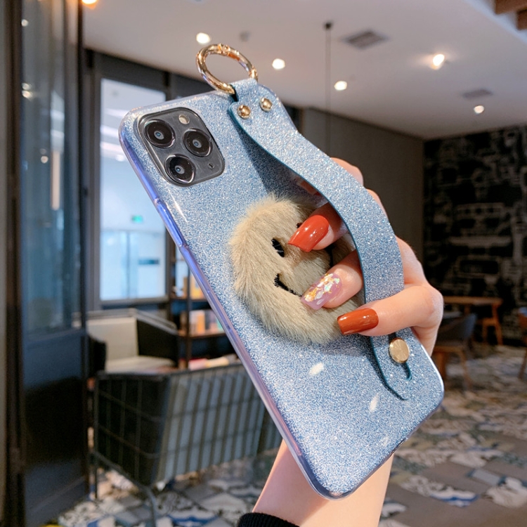 

For iPhone 11 Pro Max Smiley Glitter Powder TPU Case with Wristband(Blue)