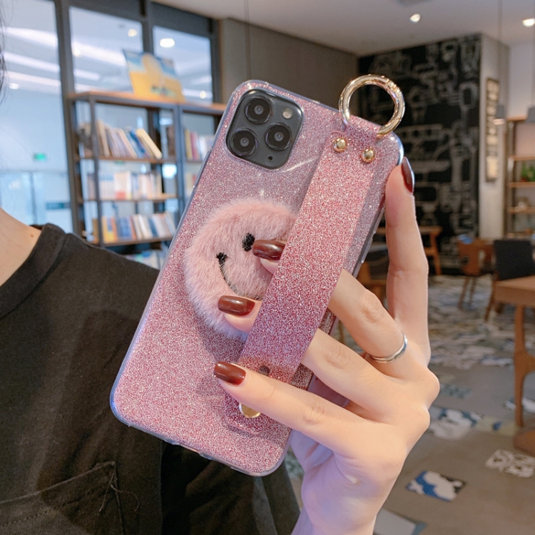 

For iPhone 11 Smiley Glitter Powder TPU Case with Wristband(Pink)