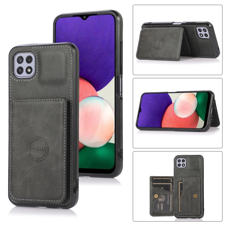 

For Samsung Galaxy A22 5G Calf Texture Magnetic Card Bag PU Phone Case(Black)
