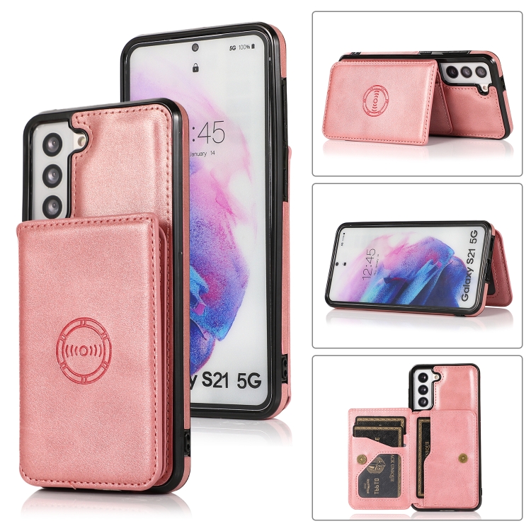 

For Samsung Galaxy S21 5G Calf Texture Magnetic Card Bag PU Phone Case(Rose Gold)