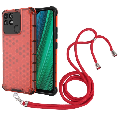 

For OPPO Realme Narzo 50A Lanyard Honeycomb PC + TPU Case(Red)