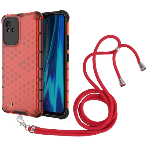 

For OPPO Realme Narzo 50i Lanyard Honeycomb PC + TPU Case(Red)