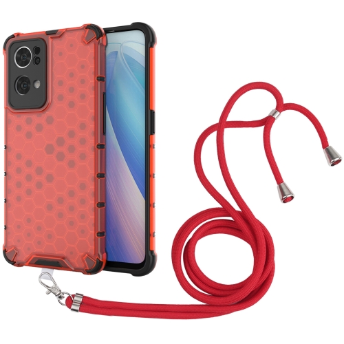 

For OPPO Reno7 Pro 5G Lanyard Honeycomb PC + TPU Case(Red)