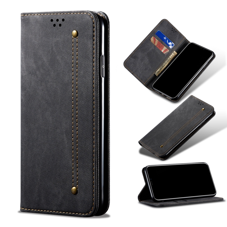 

For OPPO Reno7 5G Denim Texture Casual Style Leather Phone Case(Black)