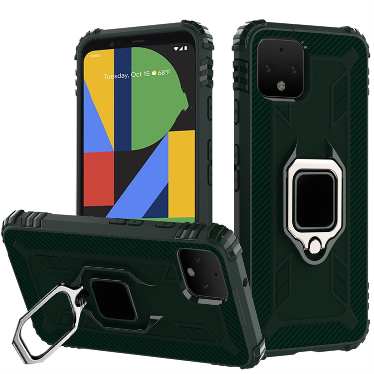 

For Google Pixel 4 XL Carbon Fiber Protective Case with 360 Degree Rotating Ring Holder(Green)