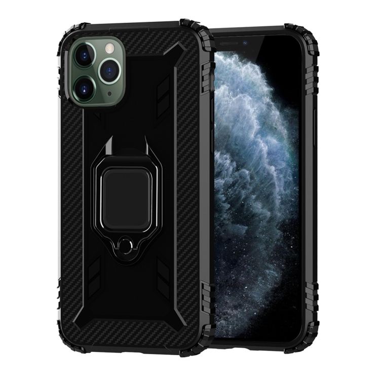 

For iPhone 11 Pro Carbon Fiber Protective Case with 360 Degree Rotating Ring Holder(Black)