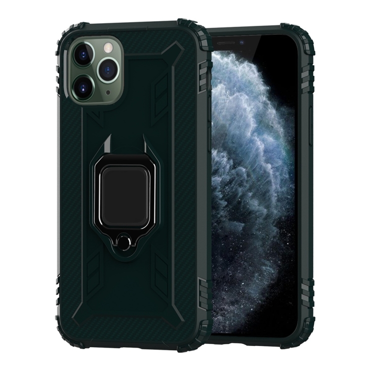 

For iPhone 11 Pro Carbon Fiber Protective Case with 360 Degree Rotating Ring Holder(Green)