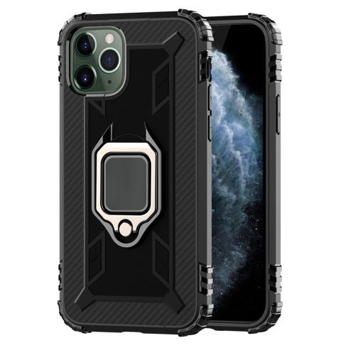 

For iPhone 11 Pro Max Carbon Fiber Protective Case with 360 Degree Rotating Ring Holder(Black)