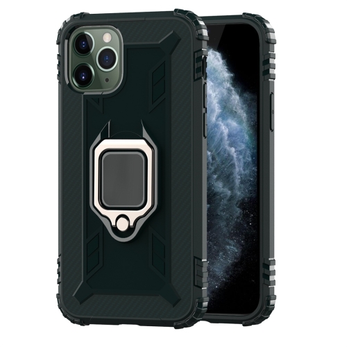 

For iPhone 11 Pro Max Carbon Fiber Protective Case with 360 Degree Rotating Ring Holder(Green)