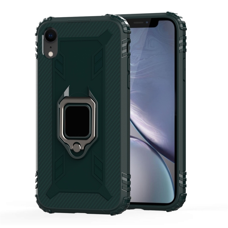 

For iPhone XR Carbon Fiber Protective Case with 360 Degree Rotating Ring Holder(Green)