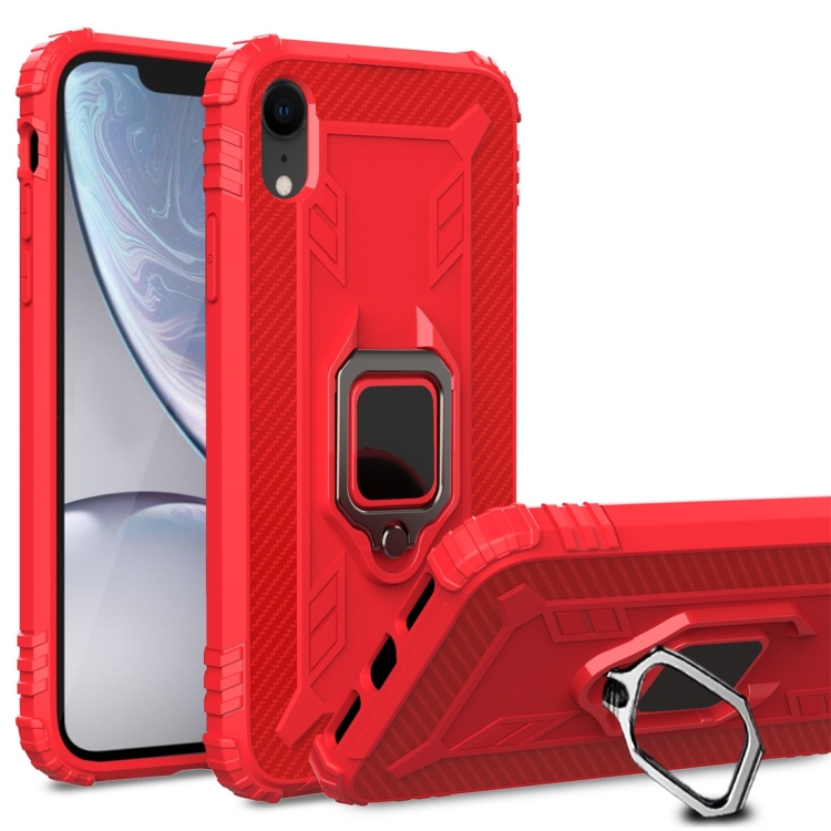 

For iPhone X / XS Carbon Fiber Protective Case with 360 Degree Rotating Ring Holder(Red)