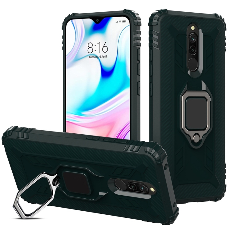 

For Xiaomi Redmi 8 Carbon Fiber Protective Case with 360 Degree Rotating Ring Holder(Green)