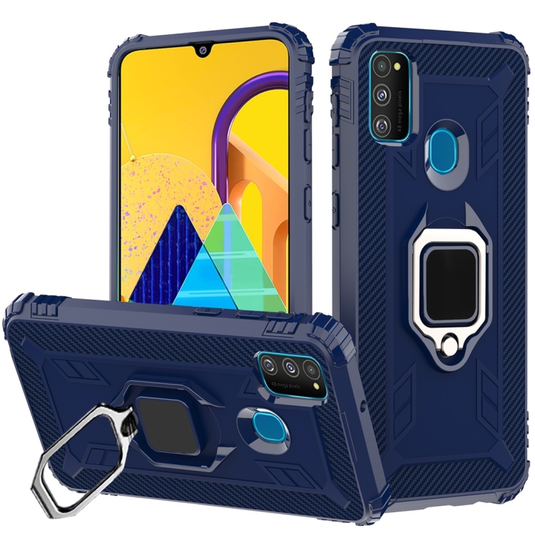 

For Galaxy M30s Carbon Fiber Protective Case with 360 Degree Rotating Ring Holder(Blue)