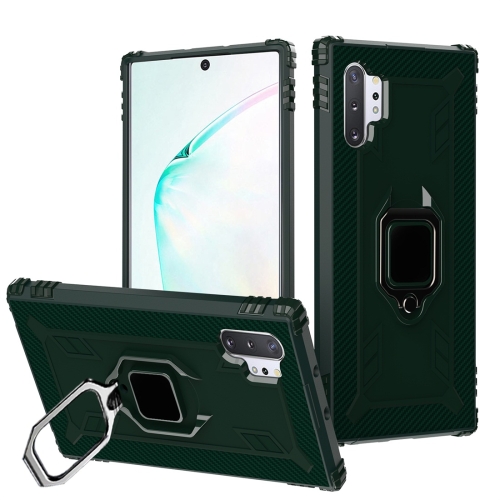 

For Galaxy Note 10+ Carbon Fiber Protective Case with 360 Degree Rotating Ring Holder(Green)