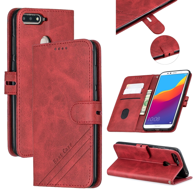 

For Huawei Honor 7A Y6 2018 / Stitching Style 2-Color Cow Texture Horizontal Flip PU Leather Case with Holder & Card Slot & Lanyard(Red)