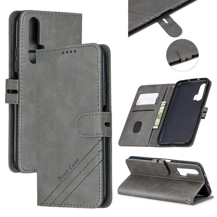 

For Huawei Honor 20 Pro Stitching Style 2-Color Cow Texture Horizontal Flip PU Leather Case with Holder & Card Slot & Lanyard(Gray)