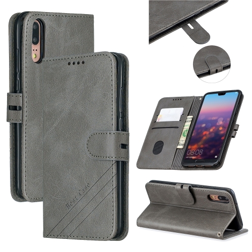 

For Huawei P20 Stitching Style 2-Color Cow Texture Horizontal Flip PU Leather Case with Holder & Card Slot & Lanyard(Gray)