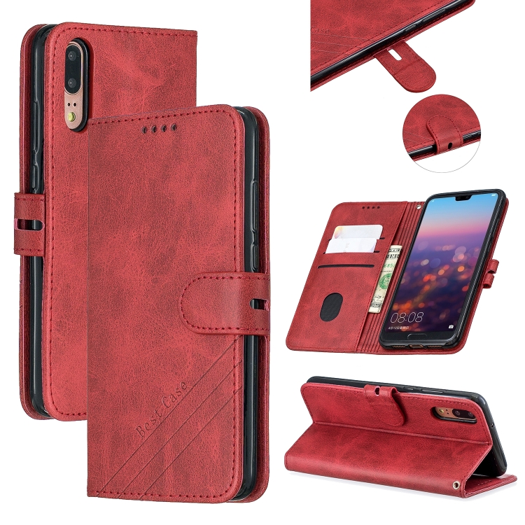 

For Huawei P20 Lite 2019 / Stitching Style 2-Color Cow Texture Horizontal Flip PU Leather Case with Holder & Card Slot & Lanyard(Red)