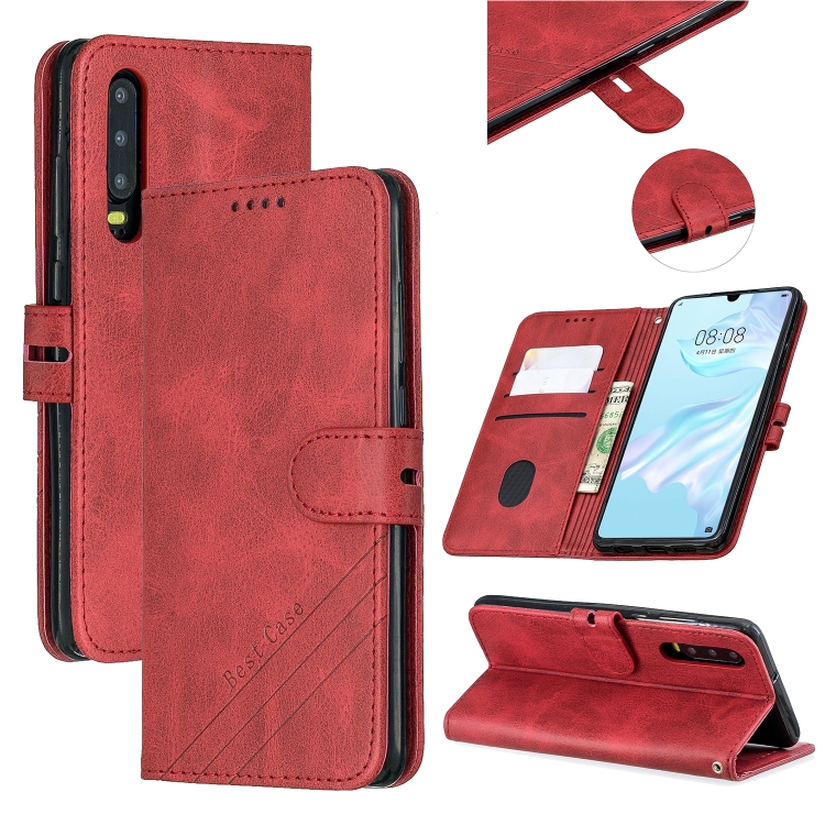 

For Huawei P30 Stitching Style 2-Color Cow Texture Horizontal Flip PU Leather Case with Holder & Card Slot & Lanyard(Red)