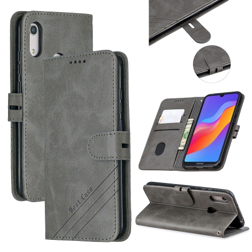 

For Huawei Y6 2019 / Honor 8A Stitching Style 2-Color Cow Texture Horizontal Flip PU Leather Case with Holder & Card Slot & Lanyard(Gray)