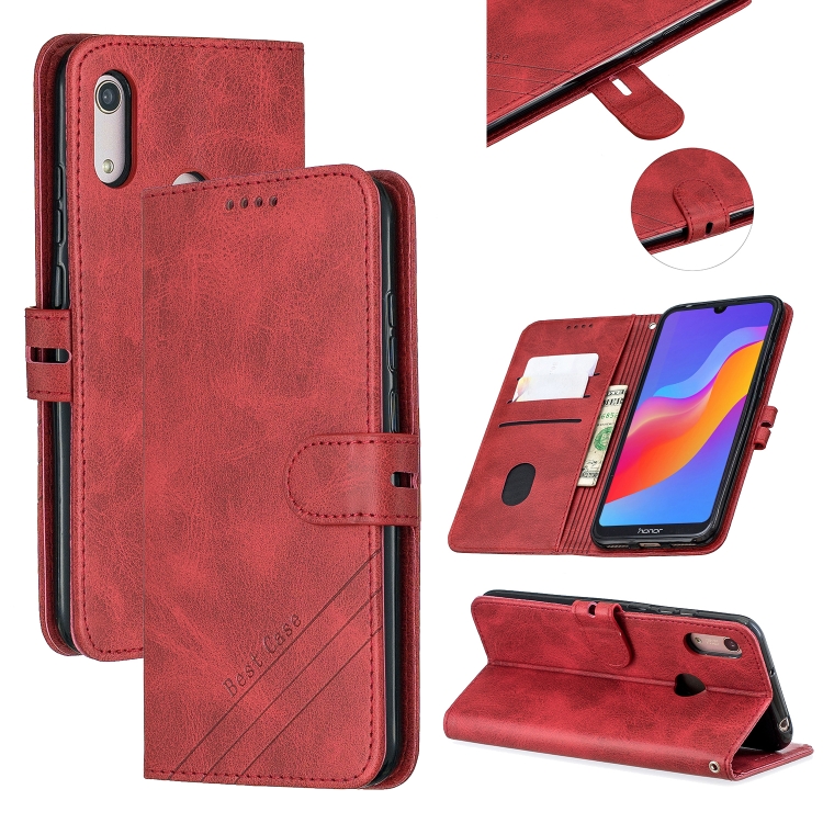 

For Huawei Y6 2019 / Honor 8A Stitching Style 2-Color Cow Texture Horizontal Flip PU Leather Case with Holder & Card Slot & Lanyard(Red)