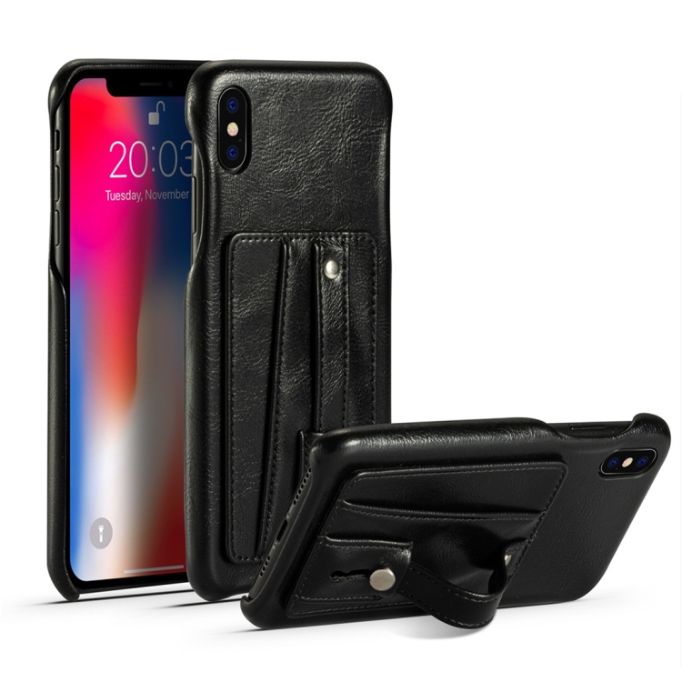 

For iPhone X / XS Shockproof PC + PU Protective Case with Holder & Card Slots(Black)