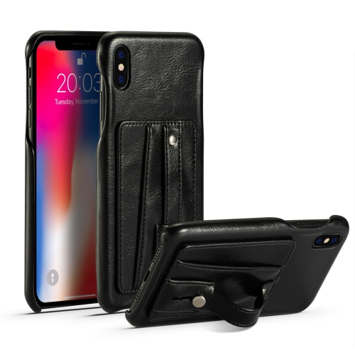 

For iPhone XR Shockproof PC + PU Protective Case with Holder & Card Slots(Black)