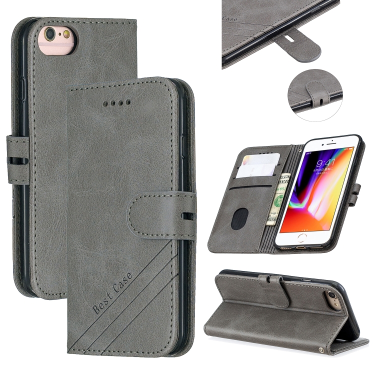 

For iPhone 6 & 6s & 7 & 8 Stitching Style 2-Color Cow Texture Horizontal Flip PU Leather Case with Holder & Card Slot & Lanyard(Gray)