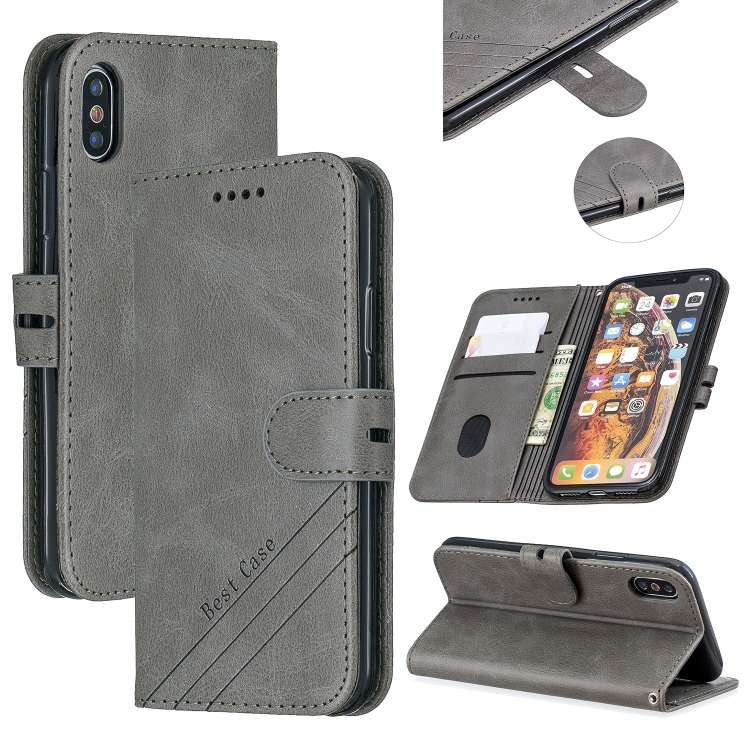 

For iPhone X & XS Stitching Style 2-Color Cow Texture Horizontal Flip PU Leather Case with Holder & Card Slot & Lanyard(Gray)