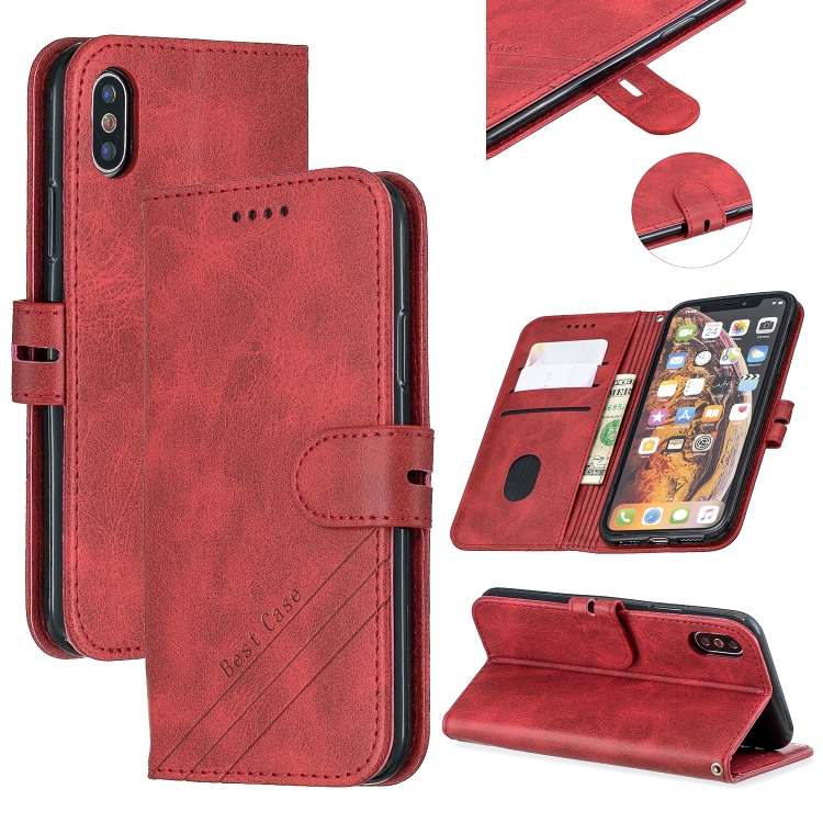 

For iPhone X & XS Stitching Style 2-Color Cow Texture Horizontal Flip PU Leather Case with Holder & Card Slot & Lanyard(Red)