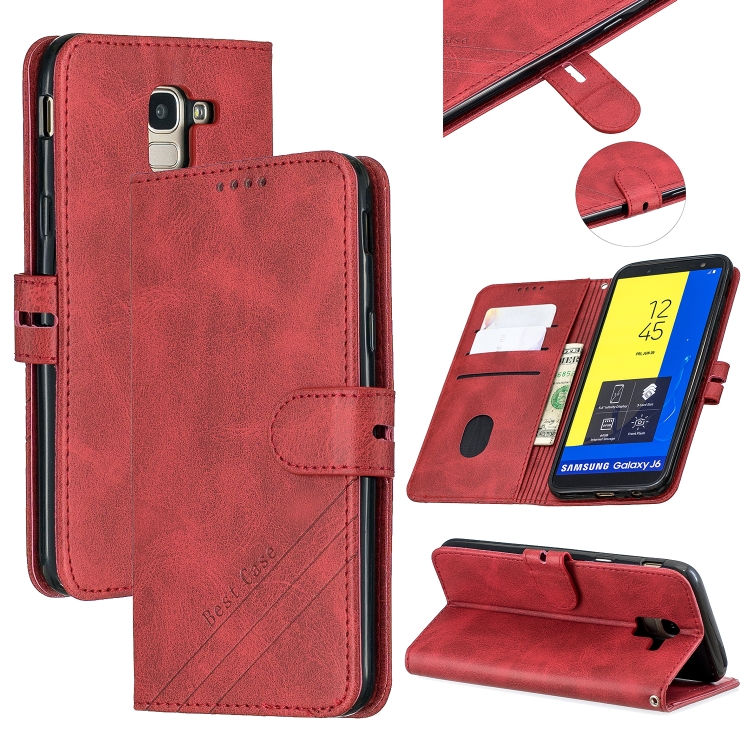 

For Galaxy J6 2018 Matching Color Frosted Texture Horizontal Flip PU Leather Case with Holder & Card Slots & Lanyard(Red)