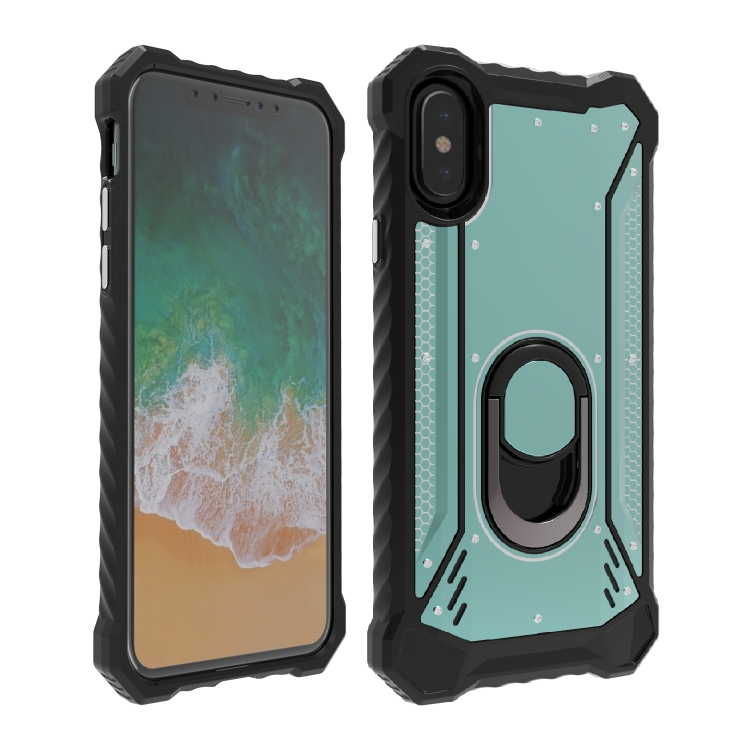 

For iPhone X / XS Tank Shockproof Metal + TPU + PC Combination Case with Ring Holder(Mint Green)