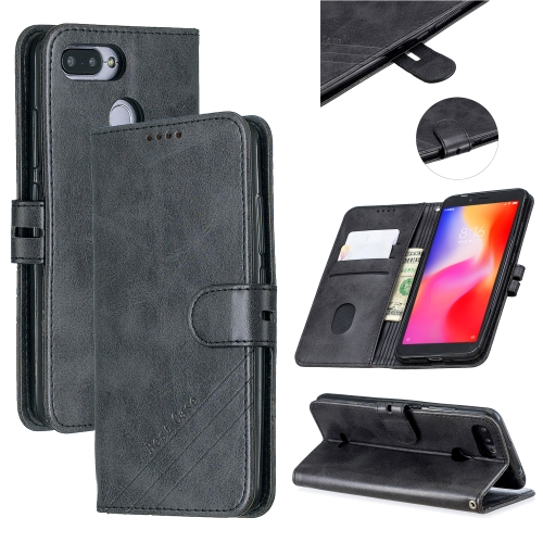 

For Xiaomi Redmi 6 & 6A Stitching Style 2-Color Cow Texture Horizontal Flip PU Leather Case with Holder & Card Slot & Lanyard(Black)