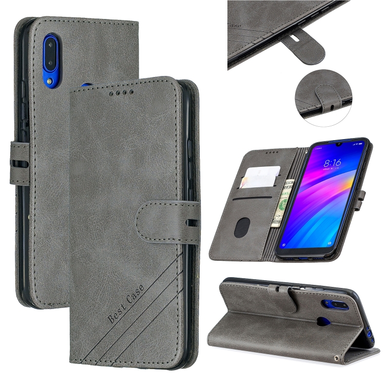 

For Xiaomi Redmi 7 Stitching Style 2-Color Cow Texture Horizontal Flip PU Leather Case with Holder & Card Slot & Lanyard(Gray)