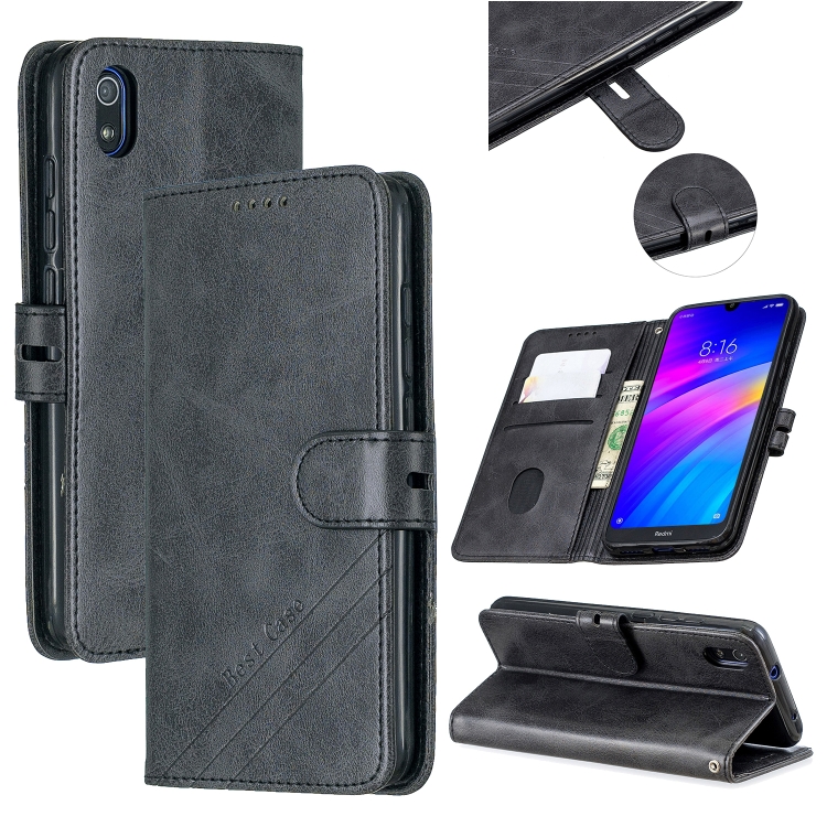 

For Xiaomi Redmi 7A Stitching Style 2-Color Cow Texture Horizontal Flip PU Leather Case with Holder & Card Slot & Lanyard(Black)