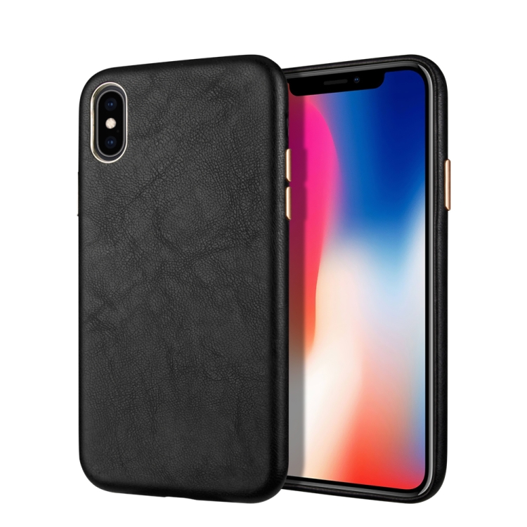 

For iPhone XS / X Lambskin Texture Metal Button Four-Corner Full Coverage PC + Metal + PU(Black)