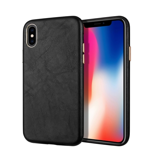 

For iPhone XS Max Lambskin Texture Metal Button Four-Corner Full Coverage PC + Metal + PU(Black)
