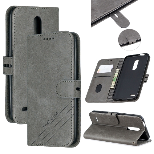 

For LG K10 2018 Stitching Style 2-Color Cow Texture Horizontal Flip PU Leather Case with Holder & Card Slot & Lanyard(Gray)