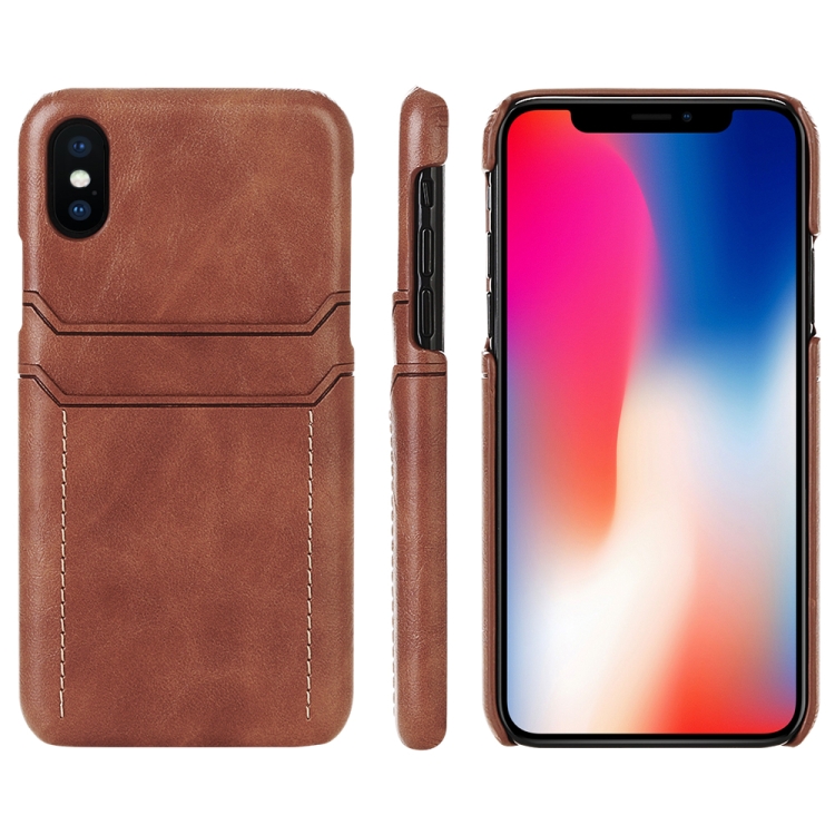 

For iPhone X / XS Calf Texture PU + PC Protective Case with Card Slots(Brown)
