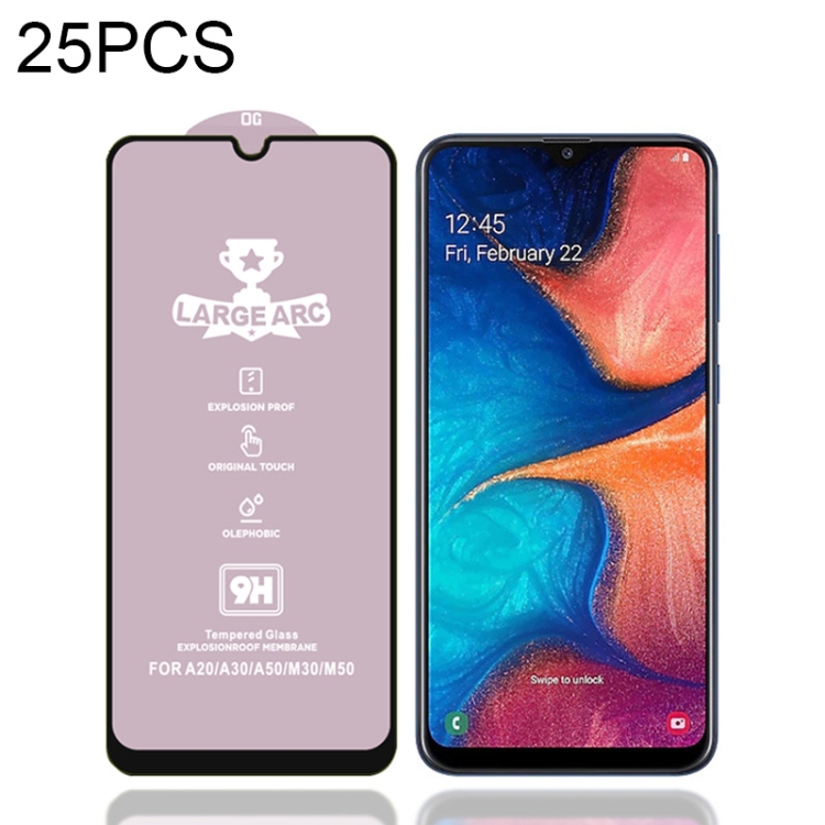

25 PCS 9H HD Large Arc High Alumina Full Screen Tempered Glass Film for Galaxy A20