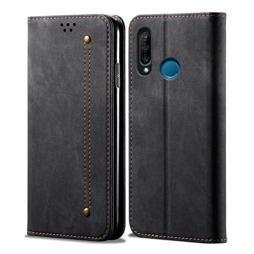 

For Huawei P30 Lite Denim Texture Casual Style Horizontal Flip Leather Case with Holder & Card Slots & Wallet(Black)