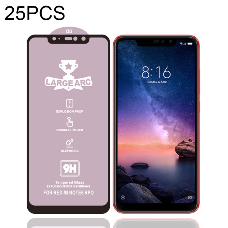 

25 PCS 9H HD Large Arc High Alumina Full Screen Tempered Glass Film for Xiaomi Redmi Note 6 Pro