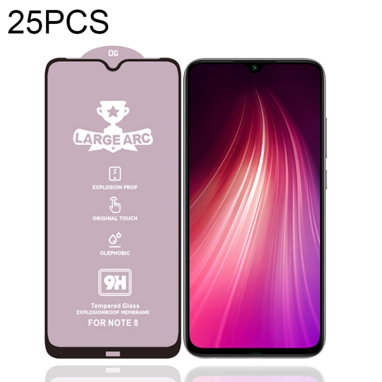 

25 PCS 9H HD Large Arc High Alumina Full Screen Tempered Glass Film for Xiaomi Redmi Note 8
