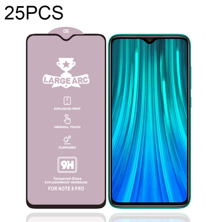 

25 PCS 9H HD Large Arc High Alumina Full Screen Tempered Glass Film for Xiaomi Redmi Note 8 Pro