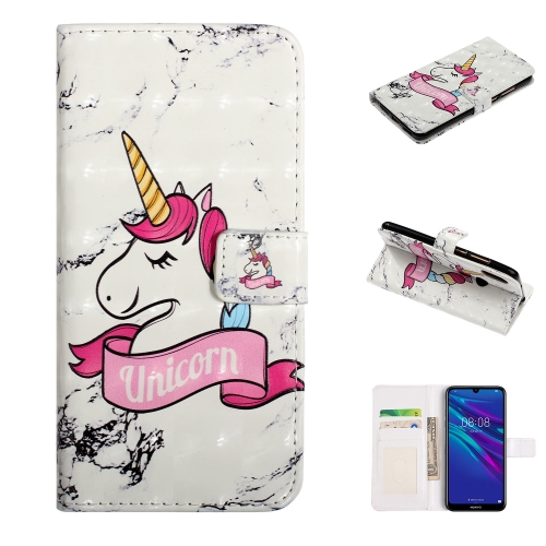 

For Y6 2019 Embossed Painted Pattern Left Right Leather case with Stand & Card Slot & Wallet & Photo Frame(Marble Unicorn)