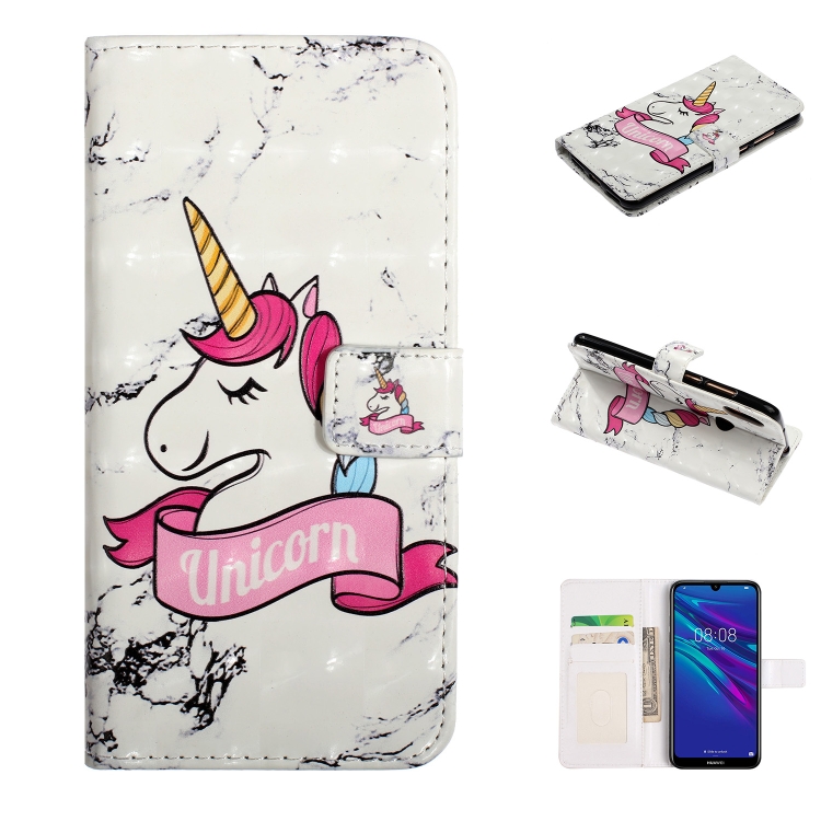 

For Y7 2019 Embossed Painted Pattern Left Right Leather case with Stand & Card Slot & Wallet & Photo Frame(Marble Unicorn)