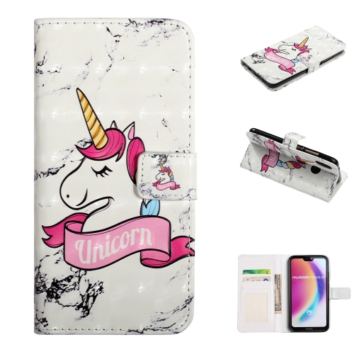 

For P20 Lite Embossed Painted Pattern Left Right Leather case with Stand & Card Slot & Wallet & Photo Frame(Marble Unicorn)