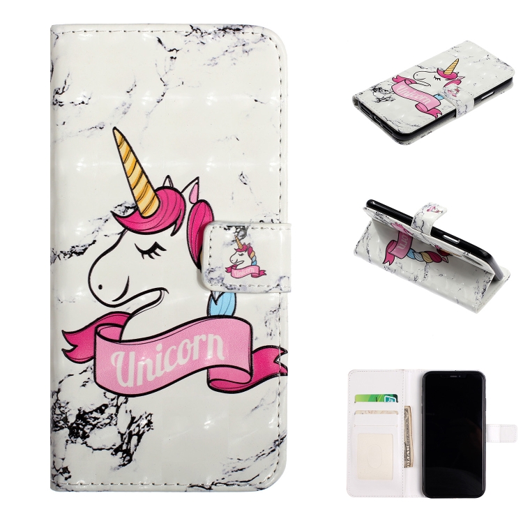 

For iPhone XR Embossed Painted Pattern Left Right Leather case with Stand & Card Slot & Wallet & Photo Frame(Marble Unicorn)
