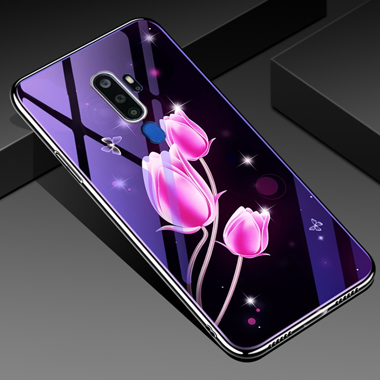 

For OPPO A9 (2020) Electroplated Edge Blue Light Glass Protective Case(Tulips)